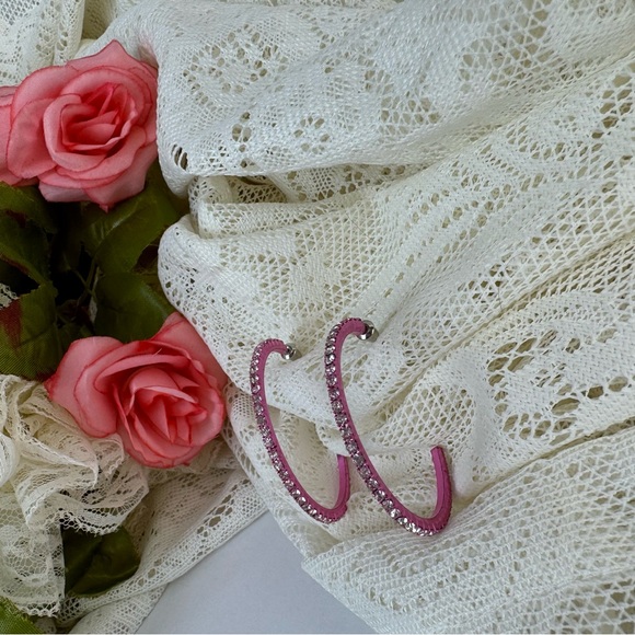 Pink Rhinestone Half Hoop Earrings - Picture 2 of 2